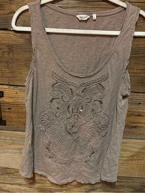 True Grit Taupe Embroidered Sequin Scoop Neck Tank